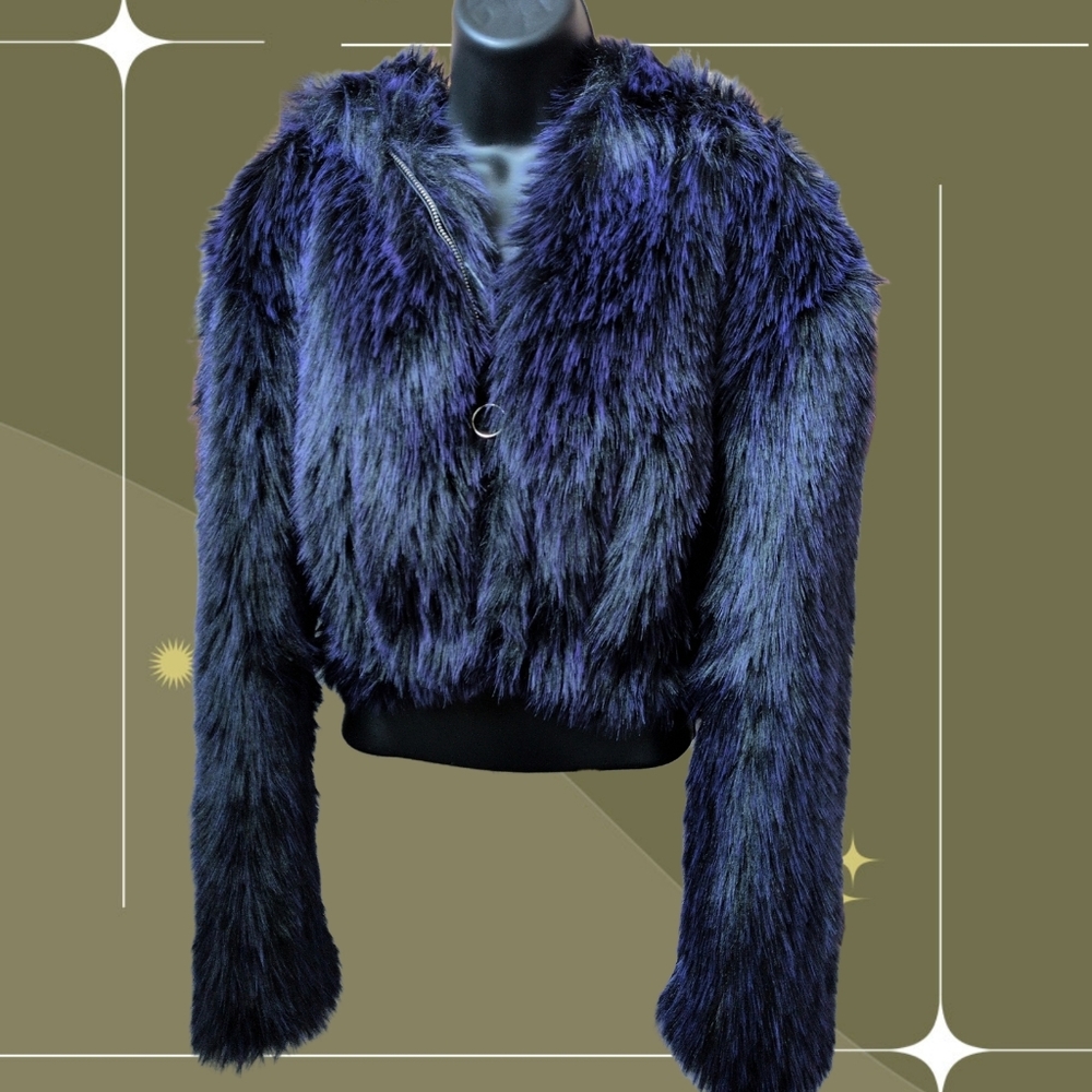✨ Space Island Faux Fur Cropped Rave Jacket Size Large